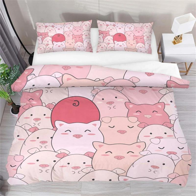 Cartoon Lovely Pig Duvet Cover Set Kawaii Animal Bedding Set King Microfiber Farmhouse Wildlife Theme Comforter Cover Pillowcase