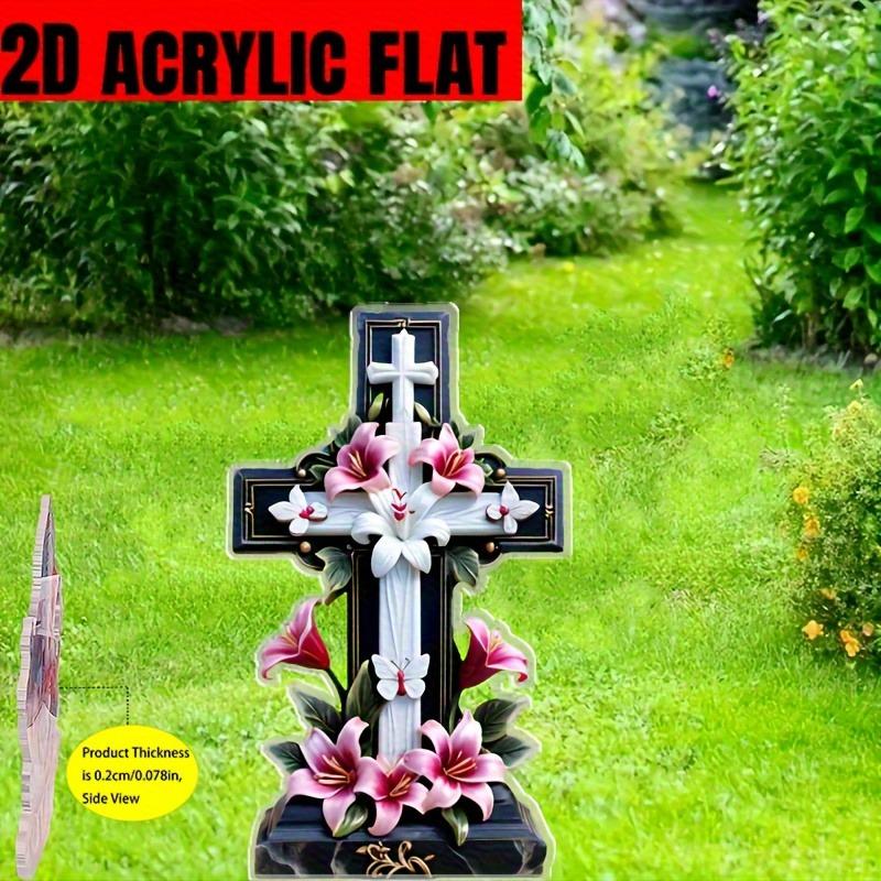 2D Flat Acrylic Lily Cross Memorial Garden Desktop Decorative Sign, Weather-Resistant Floral Grave Marker, Suitable for Wall Decoration, Porch, Room,
