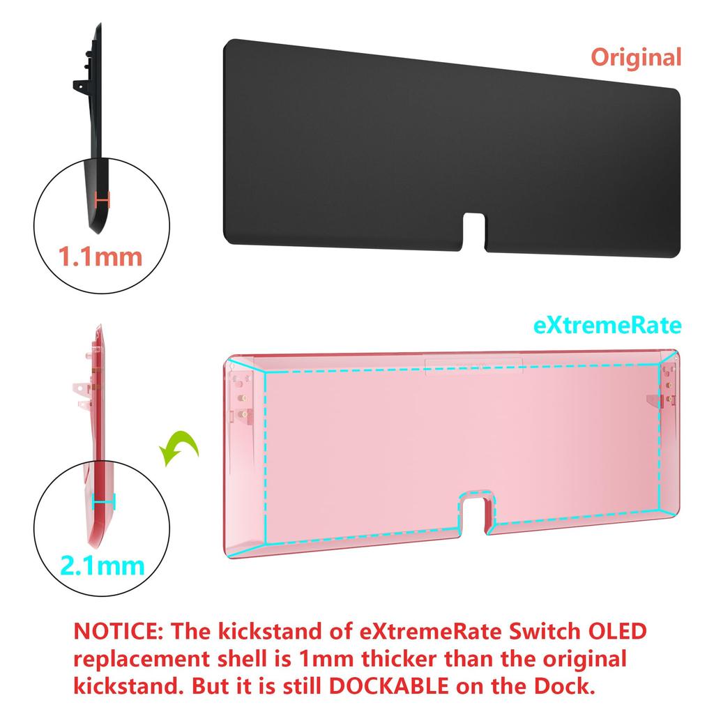 eXtremeRate Switch OLED Clear Backplate PC Back Compatible with Switch Handheld Includes Kickstand and Full Button Set & Stand, Joy-Con Controllers,