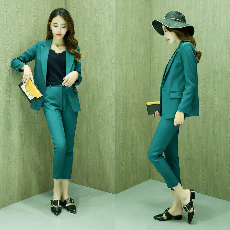 

KDAОсенний костюм женский зеленый пиджак на одной пуговице, комплект из двух предметов, прямые брюки с высокой талией