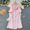 French Gentle Wind Horn Sleeve Three-dimensional Flower Embroidery Long-sleeved Dress Color High Waist Waist Thin A-shaped Skirt