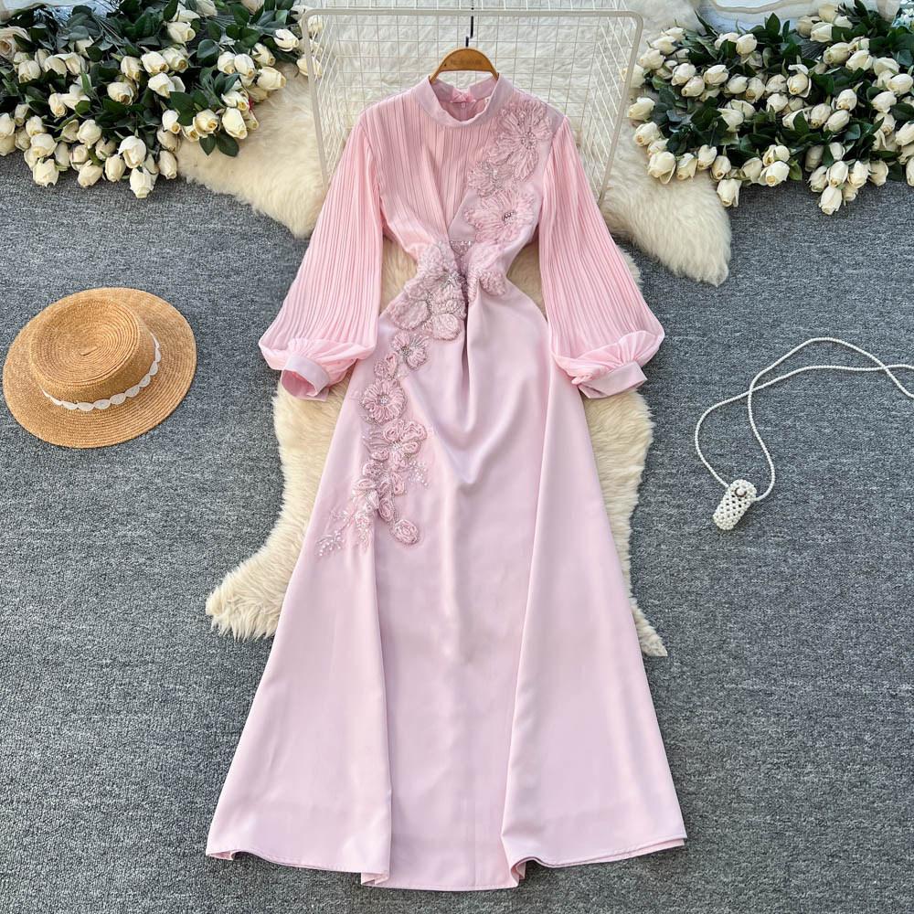 French Gentle Wind Horn Sleeve Three-dimensional Flower Embroidery Long-sleeved Dress Color High Waist Waist Thin A-shaped Skirt