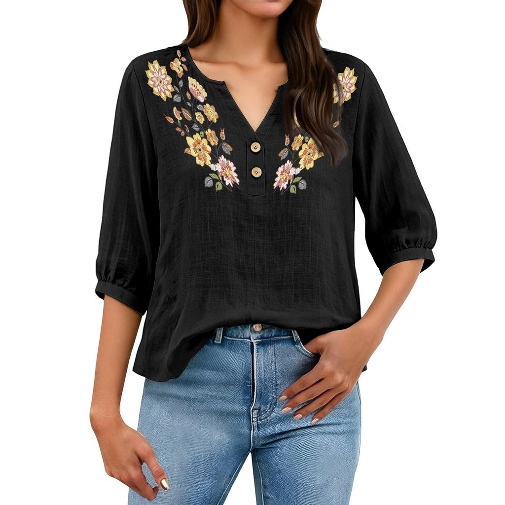 Women Floral Pattern Henley Neck Button Front Three Quarter Sleeve Linen Cotton Blend Shirt Casual Loose Fit Blouse