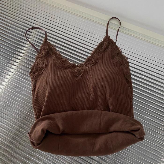 

Женская майка с V-образным вырезом, кружевом и нагрудной подкладкой – Лето 2024 г. One Size кофейный