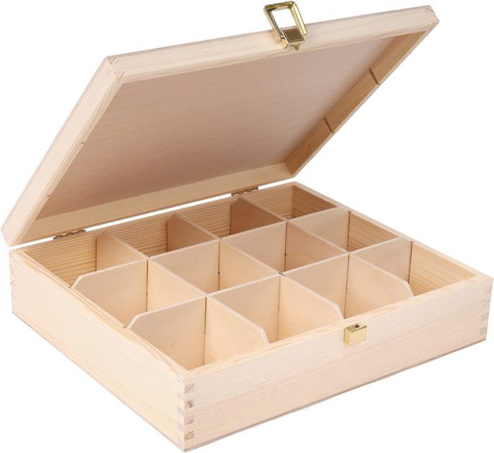 Boîte à Thé en Bois Non Peint - Creative Deco - 29 x 25 x 7,5 cm - 12 Compartiments - Rangement Cuisine
