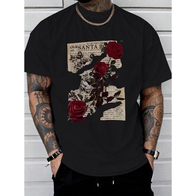 Europäische Größen Rose Muster Bequemes und Weiches T-Shirt, T-Shirts für Herren, Lässiges Kurzarm-T-Shirt für den Sommer
