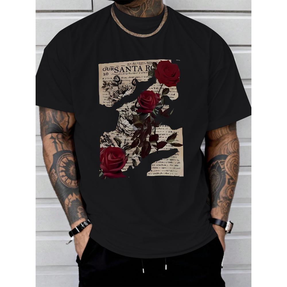 

European sizes Rose Print Comfortable and Soft Tee Shirt, Tees for Men, Casual Short Sleeve T-shirt for Summer 4XL чорний