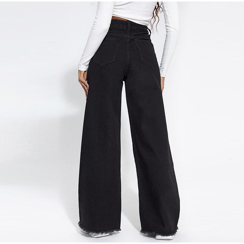 Jeans Women Pearls Wide Leg Pants High Waist Washed Distressed Tassels Spliced Pockets Vintage Denims 2025 Streetwear Trousers