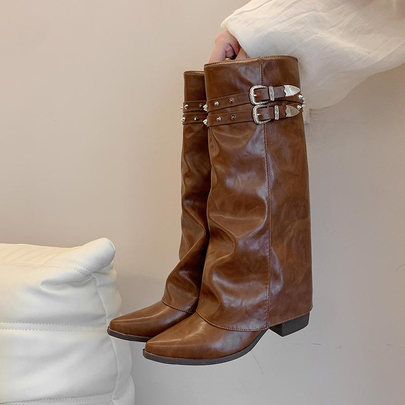 

Модные брюки-листья женские 2025 новая осенняя мода британский стиль пряжка на ремне острый носок нескользящие ботфорты 40 коричневый