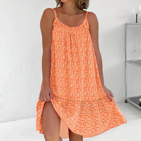 U Yaka Kolsuz Mini Elbise Pileli Fırfır Etek Gevşek Fit Backless İnce Çiçek Baskı Sling Bayan Plaj Elbisesi Günlük Giysi