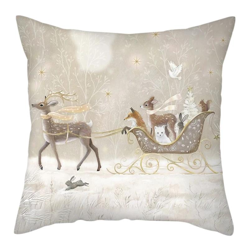 Home Decoration In The Snow Forest Elk Christmas Print Pillowcase Bedroom Living Room Sofa Decoration Pillowcase Cushion Cover