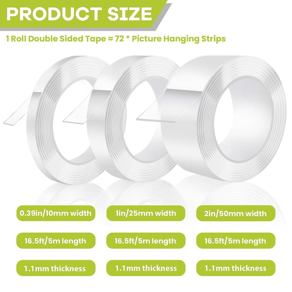 Double Sided Tape Heavy Duty, Removable Nano Double Sided Adhesive Tape, Clear Mounting Tape Picture Hanging Adhesive Strips Waterproof for Walls