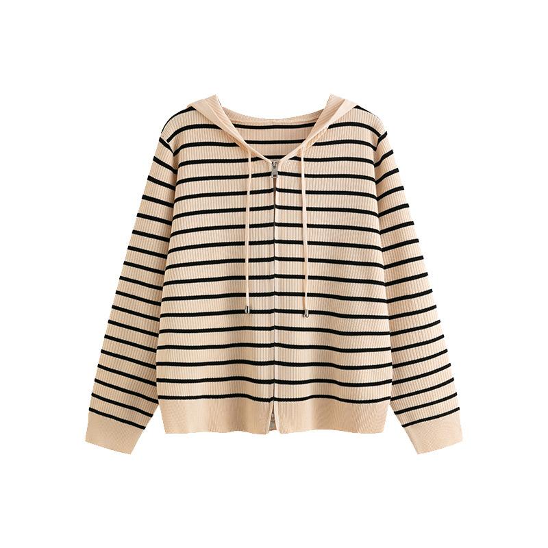 Damen Übergröße Kapuzensweatshirt Damen Gestreifte Oberteile Herbst Strick-Cardigan Jacke