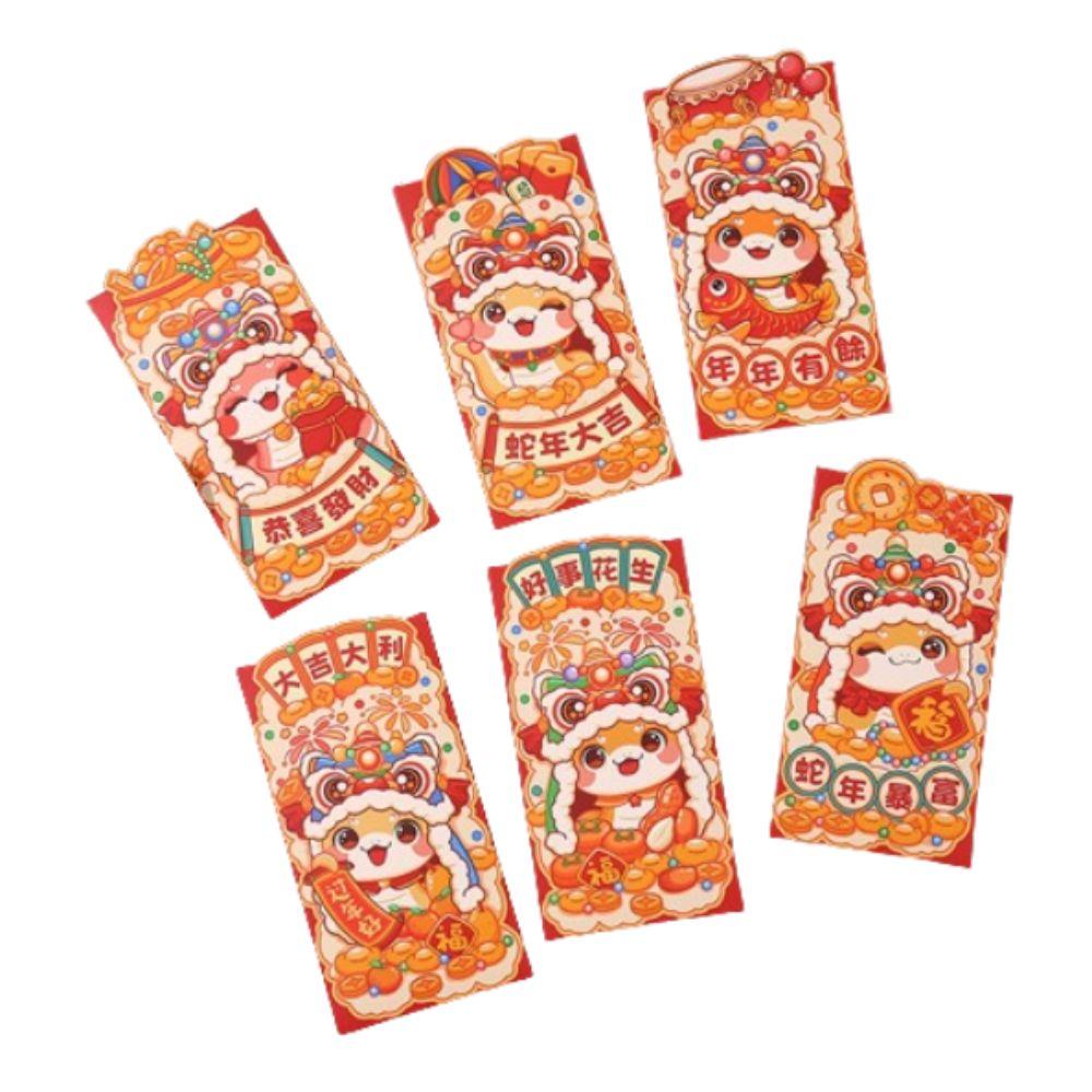 6pcs Traditional 2025 Snake Year Red Envelopes Cartoon Good Lucky Red Packets  Lunar New Year Gifts
