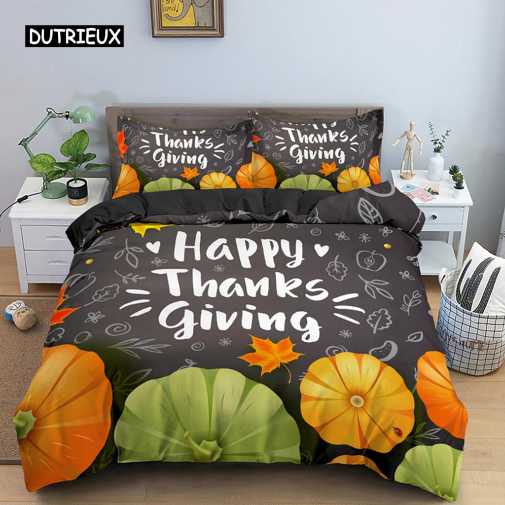 Autumn Thanksgiving Day Duvet Cover King Queen Cartoon Orange Pumpkin Turkey Bedding Set Maple Leaves Soft Polyester Quilt Cover