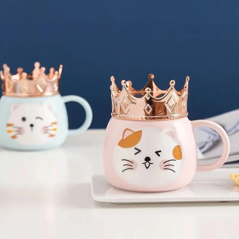 Hrnček s držákem na mobilní telefon ve tvaru korunky, Kreslený keramický hrnek s kočkou, Vysoce hodnotné dívčí sklenice na vodu, Dárkové nápojové nádobí