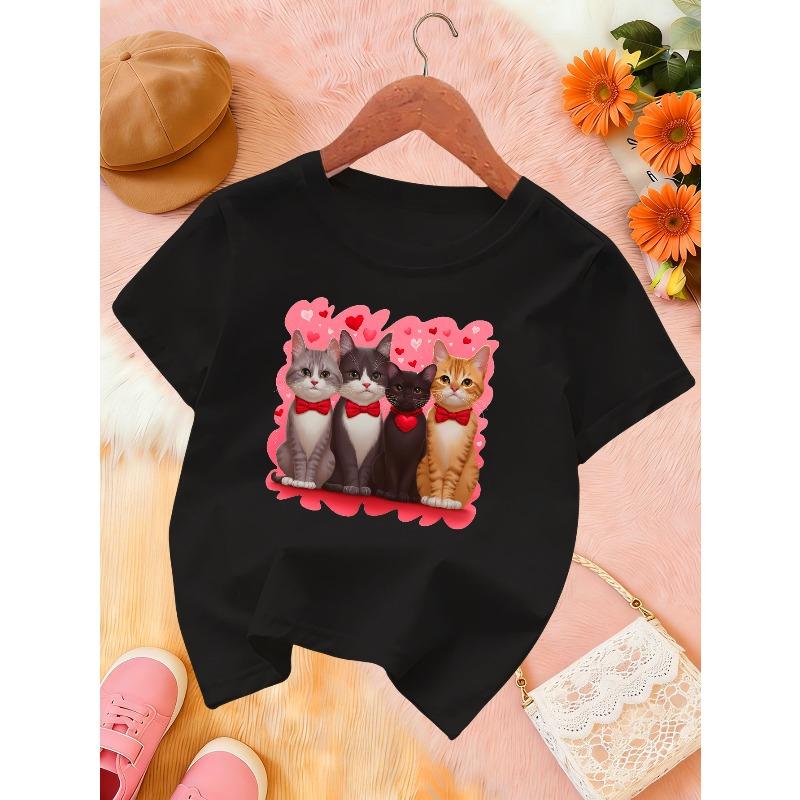 Kids Crewneck T-Shirt, Cute Cartoon Kitten Print