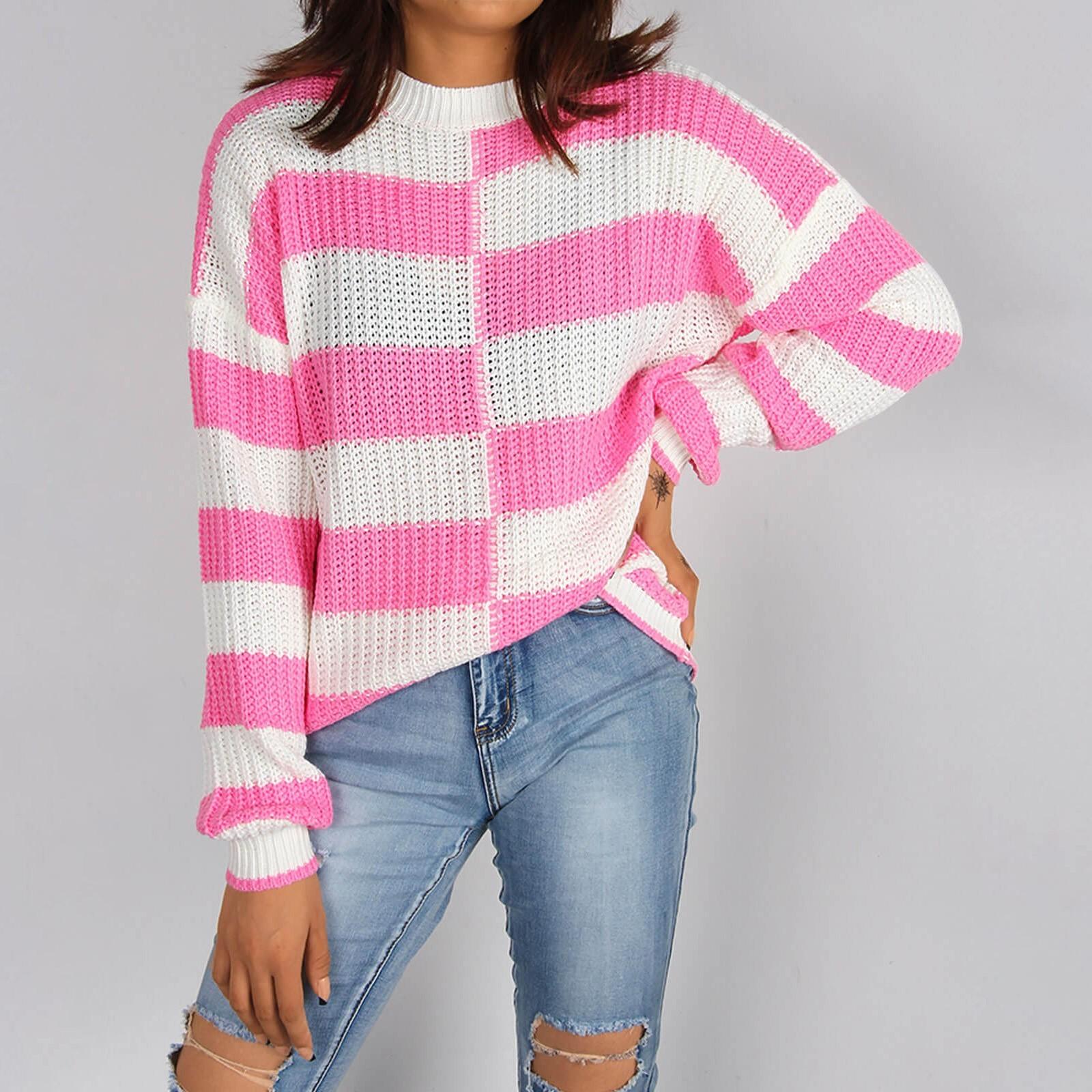 

Женский круглый вырез асимметричного кроя свитер с контрастным цветом, вязаный свитер с длинными рукавами M розовый