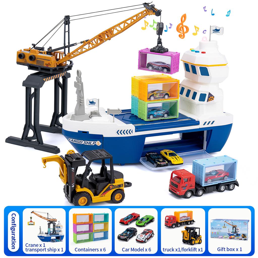 Kids Toys Car Simulation Track Transport Ship Toy with Lights&Music Ship Model Toy Car Parking Container Boys Toys for Kids Gift