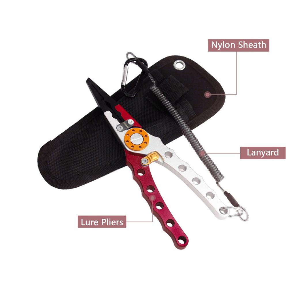 Multifunctional Aluminum Alloy Lure Pliers Fishing Tool with Non-Slip Grip Deep Throat Hook Removal for Anglers Red Silver