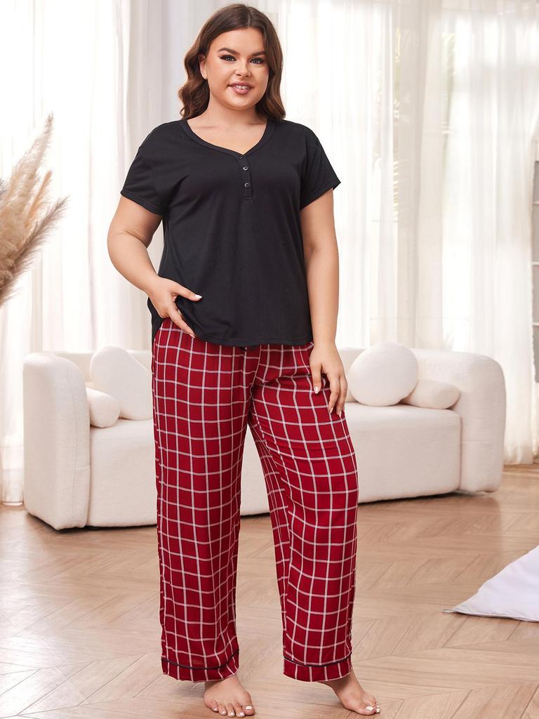 Women's Plus Size Spring/Summer Pajamas - Short Sleeve Top & Long Pants Homewear