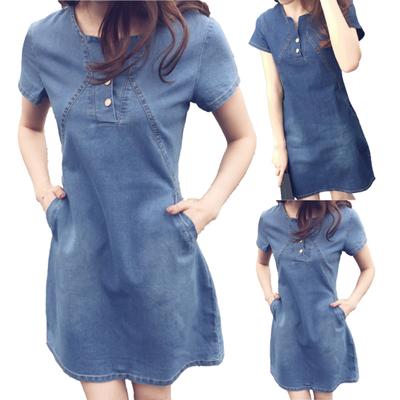 Casual Dress O-neck Short Sleeve Stitching Stylish Women Summer Denim Dress for Daily Wear