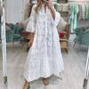 Women White Summer Maxi Dress V Neck Eyelet Embroidery 3/4 Bell Sleeve Loose Boho Beach Holiday Dress