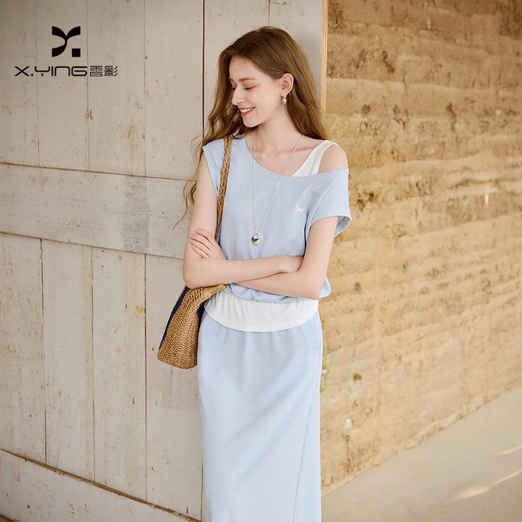 Fragrant Shadow Blue Cotton Fake Two Piece Set Skirt for Women 2026 Summer New Round Neck T-shirt Straight Tube Half Skirt Two Piece Set