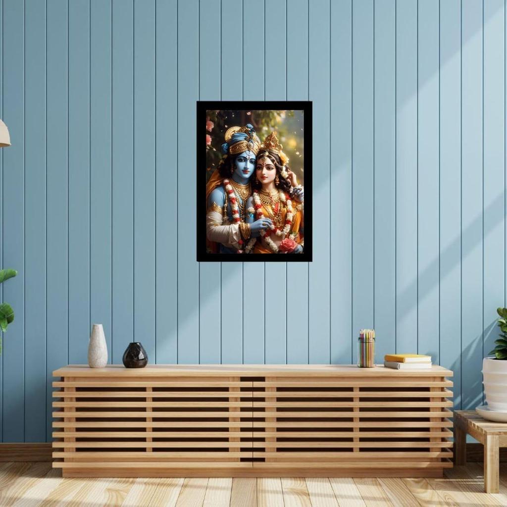 Printed Posters With Frames for Wall Decoration God Radha Krishna Photo Framed Painting Wall Frames