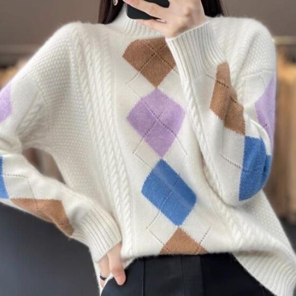 Navava Women Cable Knit Diamond High Neck Long Sleeve Sweater Nk2591