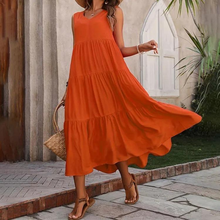 Women Elegant V-neck Loose Long Dresses Casual Vacation Beach Holiday Summer Femme Yellow Black RUFFLES