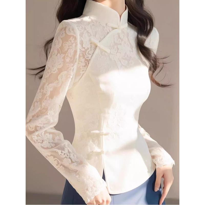 2025 Spring  Unique Beautiful Light Luxurious Age-Reducing Western Style New Chinese Style National  White Lace Button Shirt for Women