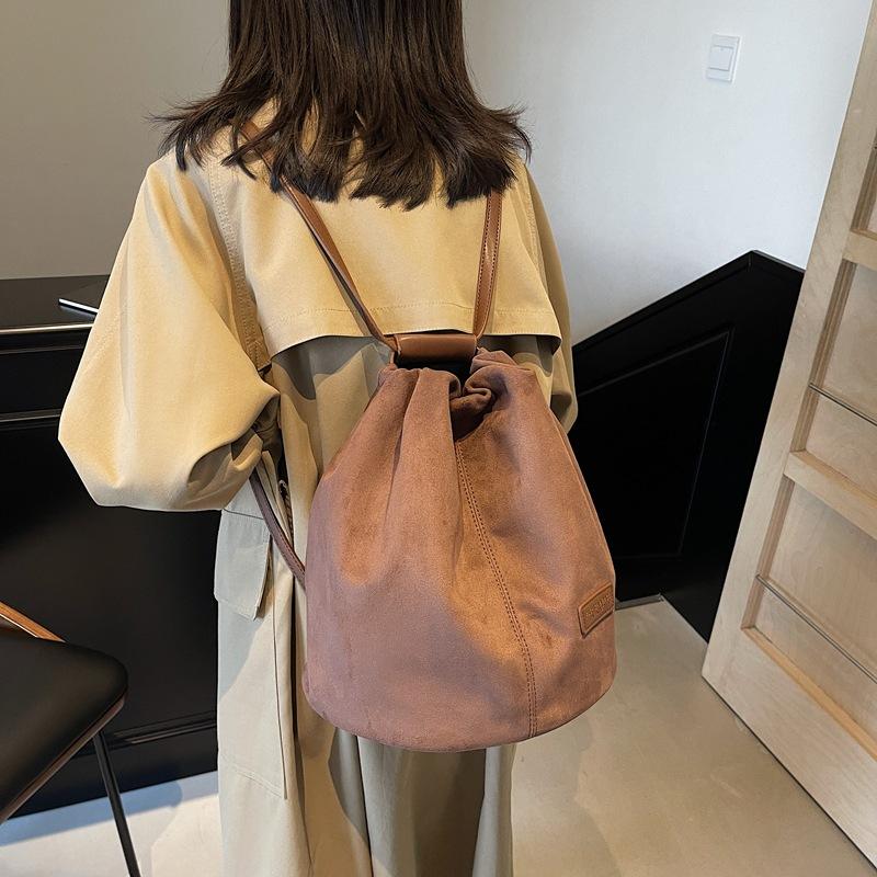 New Backpack Backpack Women's Casual Splicing Design Suede Bucket Bag Versatile Simple Shoulder Plush Bag