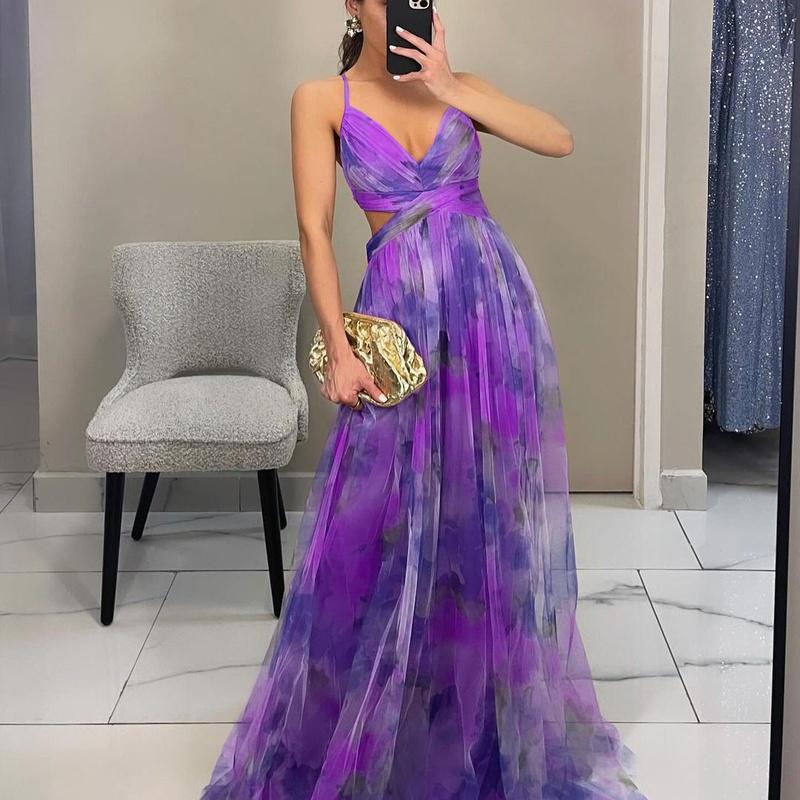 European Style Spring and Summer Print Spaghetti Strap Maxi Dress INS Vacation Casual Party