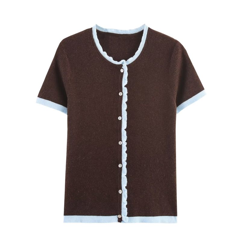 Zbzr Spring New Women clothes Western Style Fashion Slim fit Contrast Color Knitted round Neck Short sleeve Outerwear 0014114