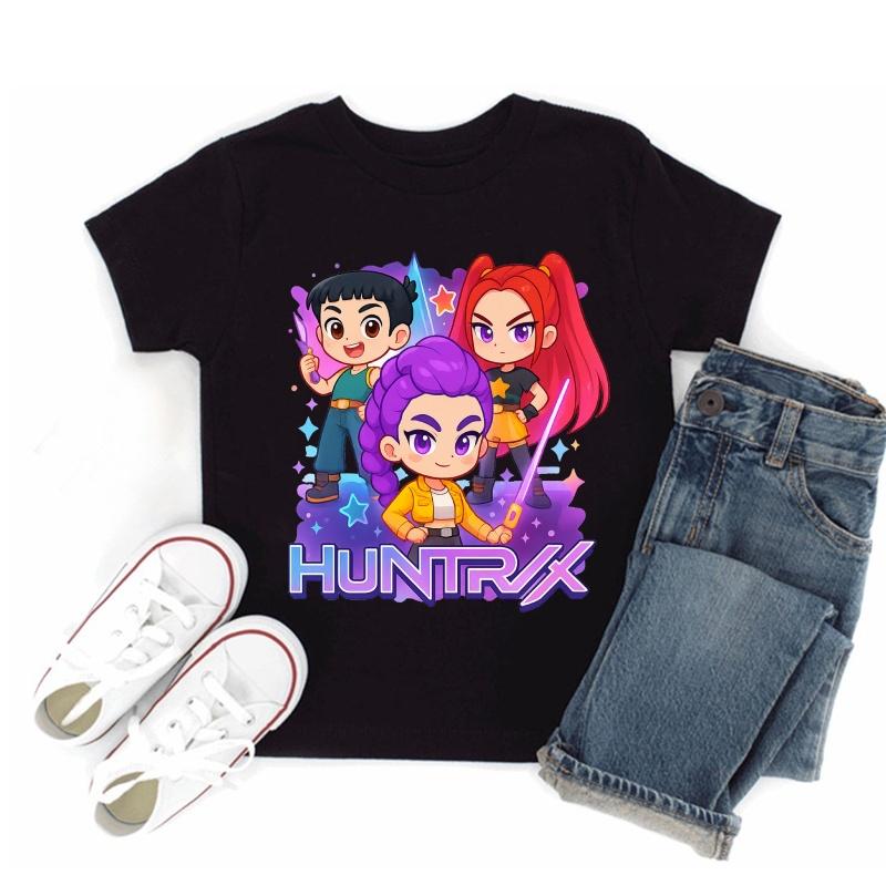 Hot Sale Kpop Demon Hunters Print Fashion Kids T-shirt Baby Boys Girls Clothes Summer Children Cotton Short Sleeve Black T shirt