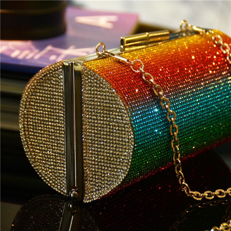 SCIONE Rainbow Rhinestone Dinner Bag Diagonal Bag Female Diamond Cylinder Shoulder Bag Banquet Bag