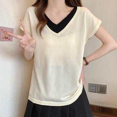 Women Sweaters Pullovers 2025 Summer Short Sleeve V-Neck Spliced Black Knitted Sweater Women Tops Pullover JJ231