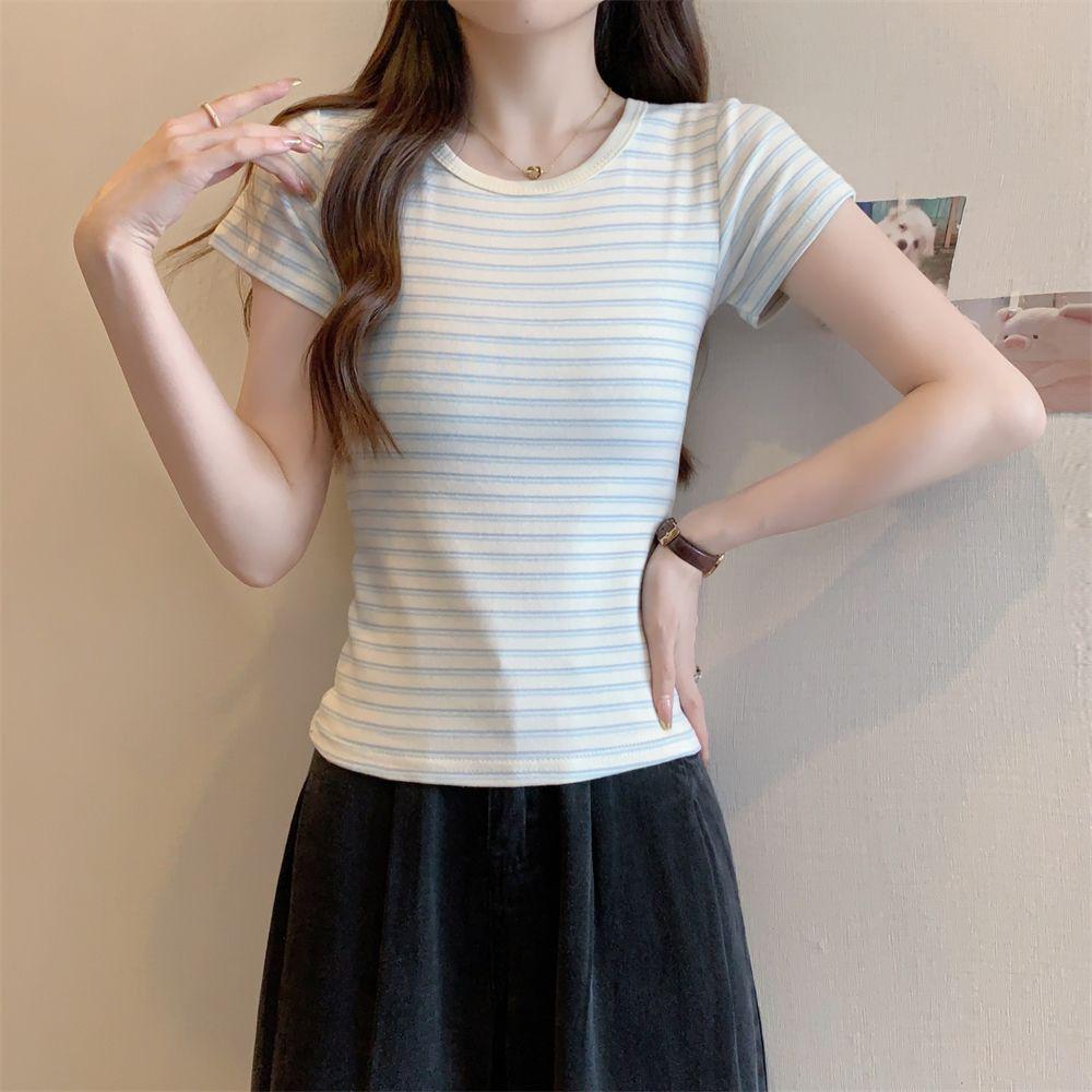 Korean Style Slim Fit Striped Short Sleeve T-shirt for Women
