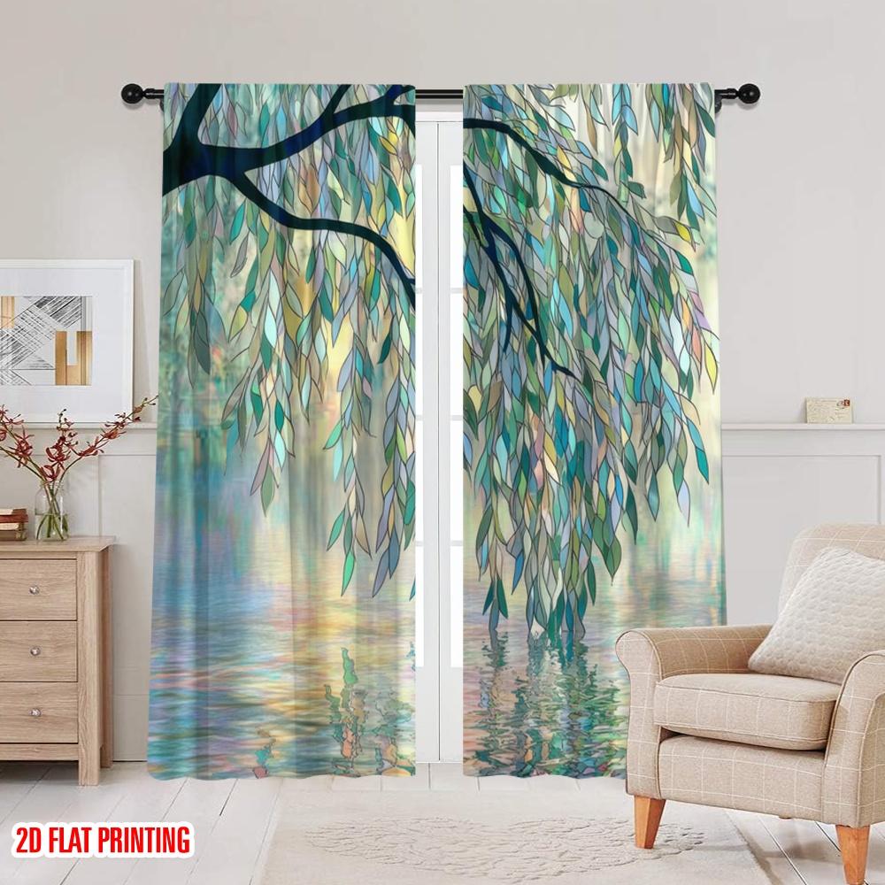2 Stück, 2D-Flachdruck Vorhänge&Fensterdekoration Weidenlandschaft Polyestergewebe (ohne Stange) Art Deco Festlich für Schlafzimmer,
