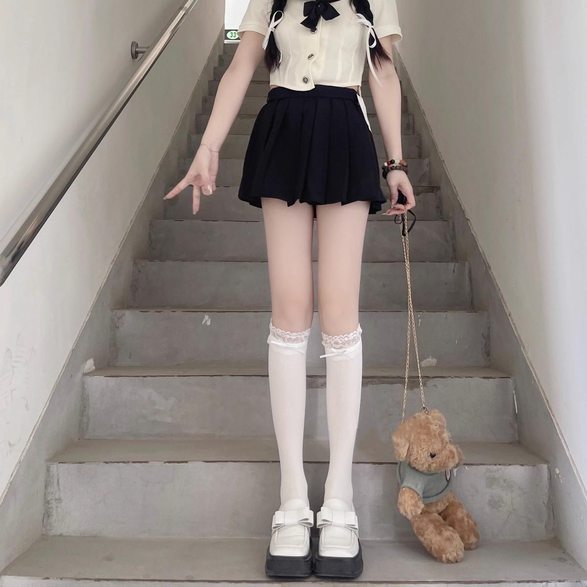 Thin Lace White Velvet Light Plate Calf Socks Ribbon Ribbon Japanese Jk Sweet Knee-High Socks One size fits all