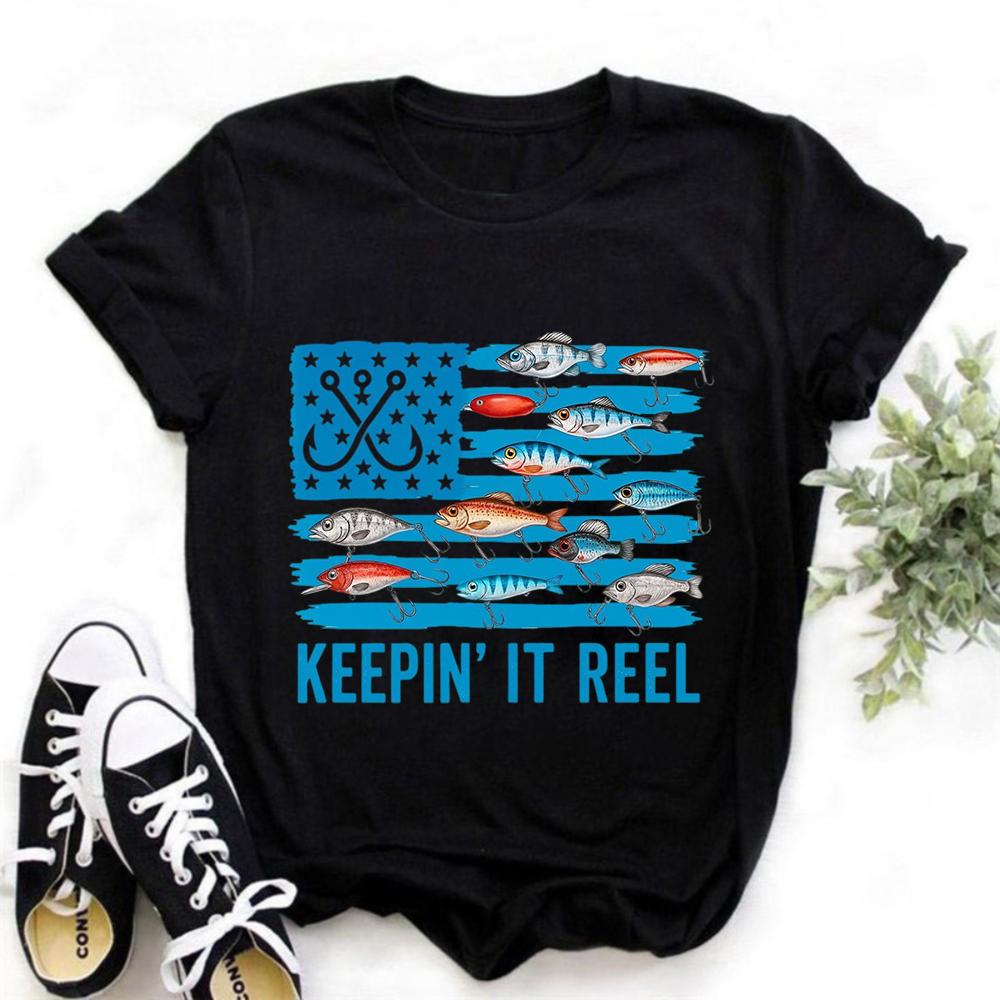 American Flag Fishing Lure Print Crewneck Short Sleeve Unisex Cotton Graphic T-shirt for Fishing Lovers