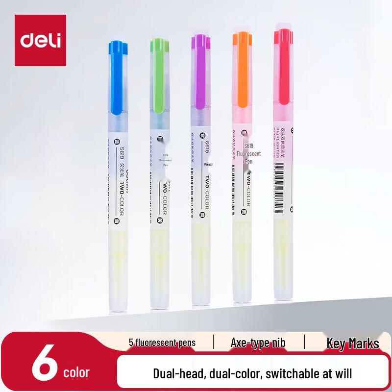 Deli Dual-Tip 6-Color Highlighters, 5-Pack