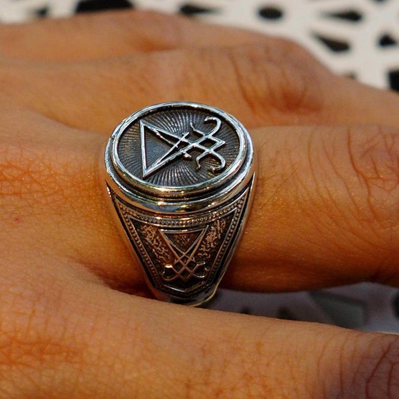Vintage Coppercolor Signet Sigil Of Lucifer Ring For Men Seal Of Satan Male Jewelry