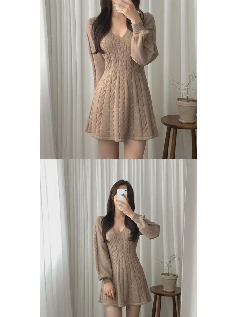 Korean Style Autumn/Winter 2024 Lantern Sleeve V-Neck Cinched Waist Knit Dress and Sweater Skirt