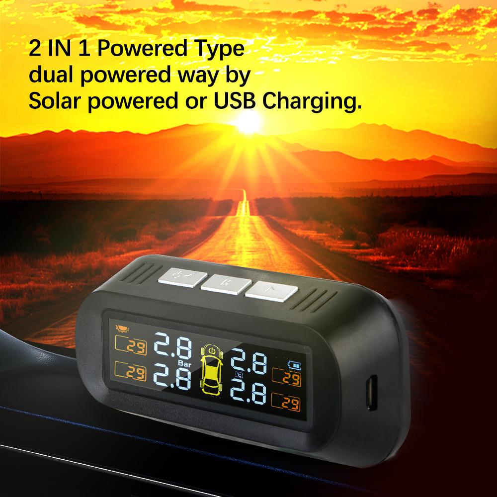 Digital LCD-display Sol-/USB-driven Bil Säkerhetslarm System Däcktrycksövervakningssystem Bil TPMS