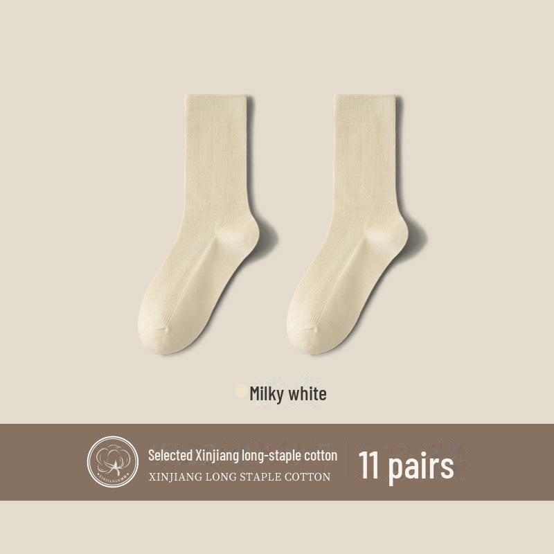 "Women's Medium-Length Cotton Socks: Boneless, Solid Color, Perfect for Spring and Autumn. Casual, Slim Fit, Ideal with Small Leather Shoes."
