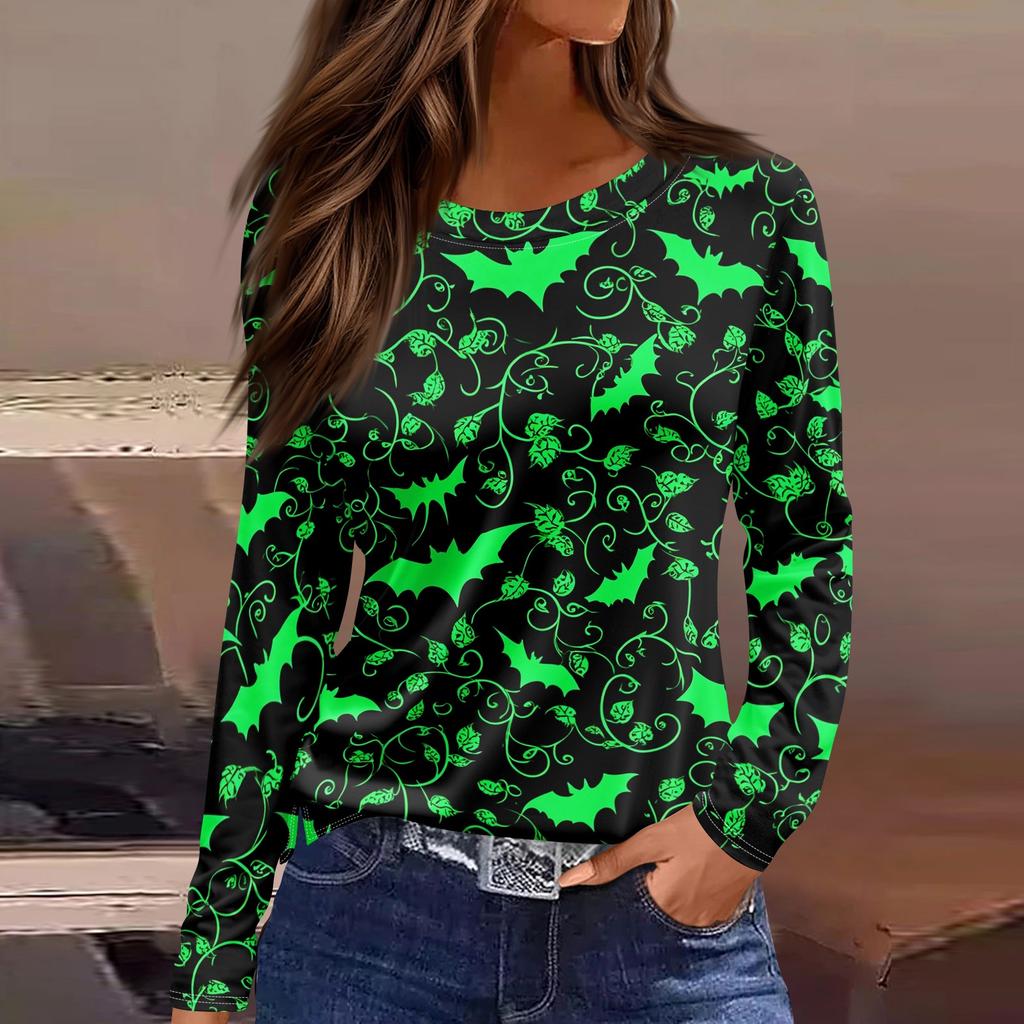 Women's Halloween Print Long Sleeve Top with Round Neck and Hem Slit