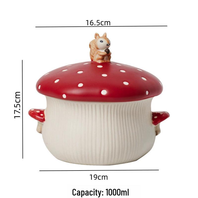 Affascinante Set di Stoviglie in Ceramica a Forma di Fungo Rosso: Tazza, Piatto da dessert, Ciotola da riso, Ciotola per noodles, Insalatiera e Cucchiaio
