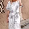Women Fashion Printed 2-Piece Lounge Set Short Sleeve T-Shirt & Wide-Leg Pants Lightweight Breathable Spring Summer Autumn Suit for Casual Daily Wear